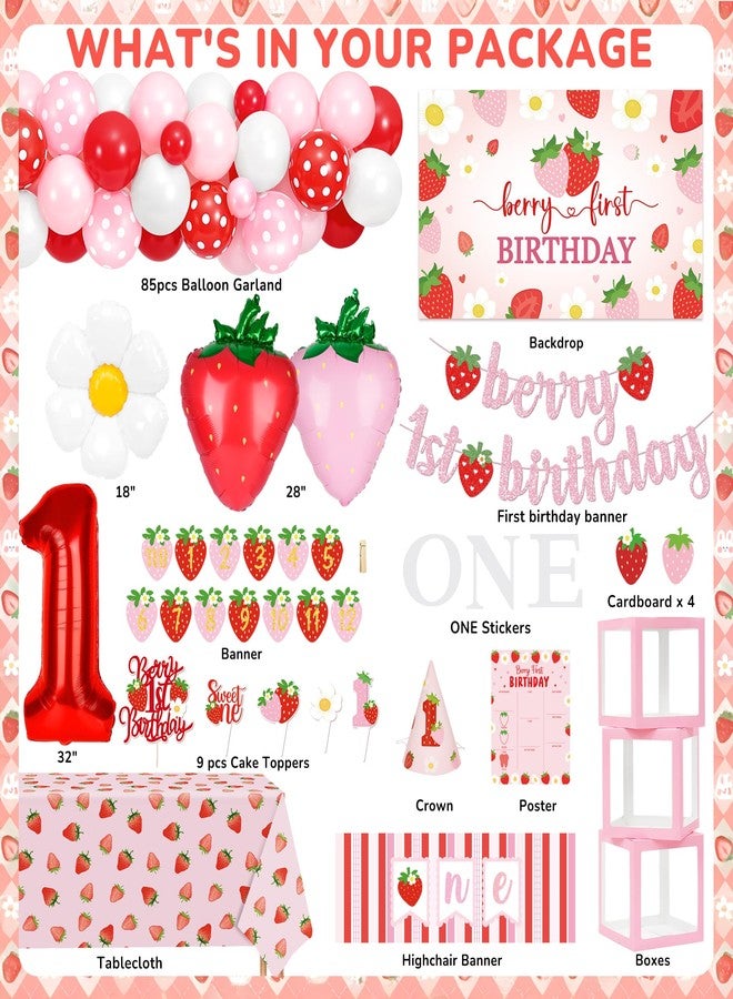 Kriyokiaa Berry First Birthday Decor Strawberry 1st Birthday Decorations for Girls with Pink Red Balloon Arch, Highchair Banner Strawberry Theme Backdrop, Photo Banner, Cake Topper - Image 2